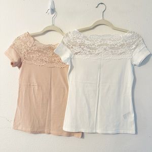 Brand New H&M Set of 2 Lace T-Shirts, White & Light Pink Color, Size S